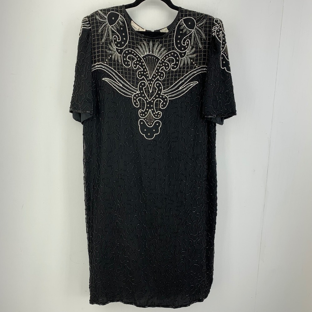 Vtg Laurence Kazar 2X Beaded Silk Shift Dress Pearl Art Deco Cocktail Holiday